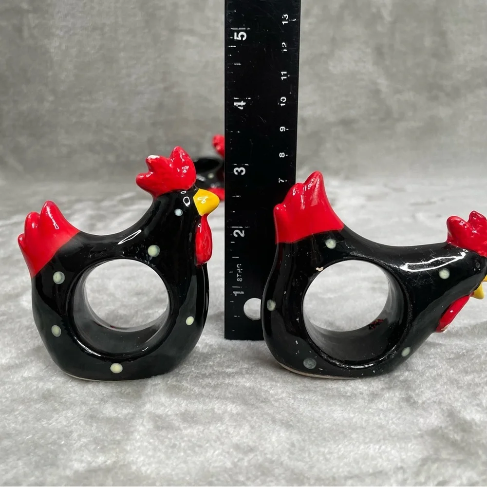 Colorful Ceramic Rooster Napkin Rings Set of 4 Black Red Yellow Farmhouse OS